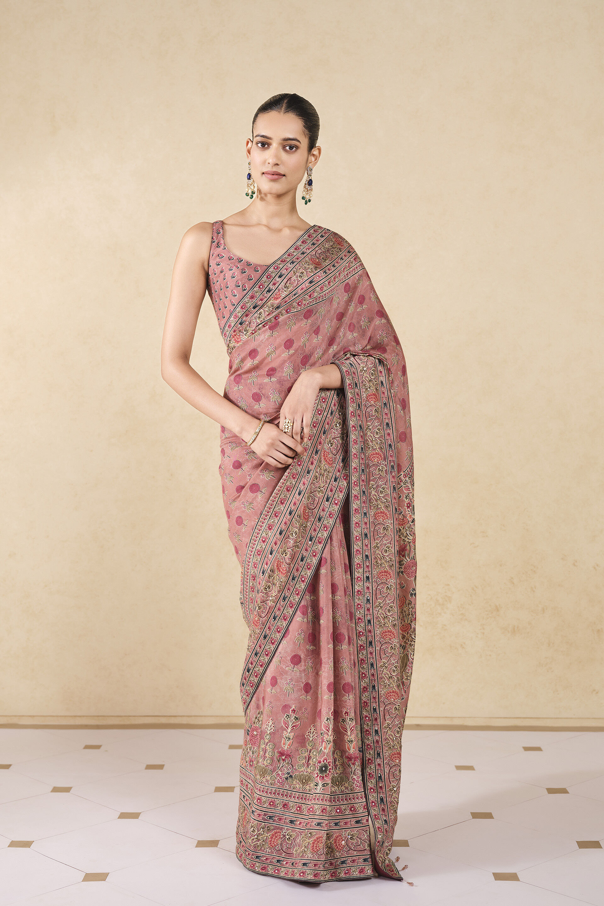 Buy Designer Shameka Printed Silk Saree Blush Online from Anita Dongre